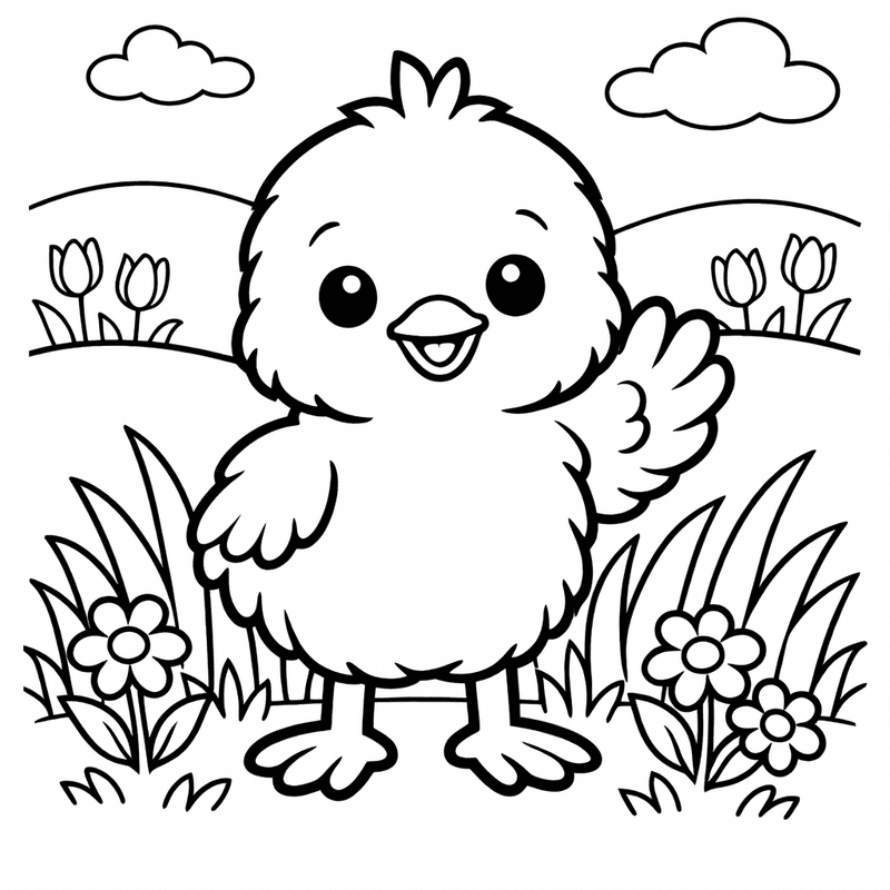 Free printable coloring page: A Chick Wearing A Tiny Easter Bonnet, for ages 3-6