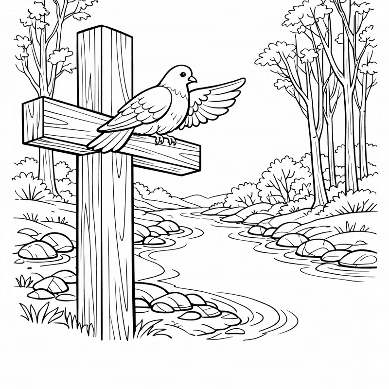 Free printable coloring page: A Simple Wooden Cross On A Hill With Flowers At The Base, for ages 7-12