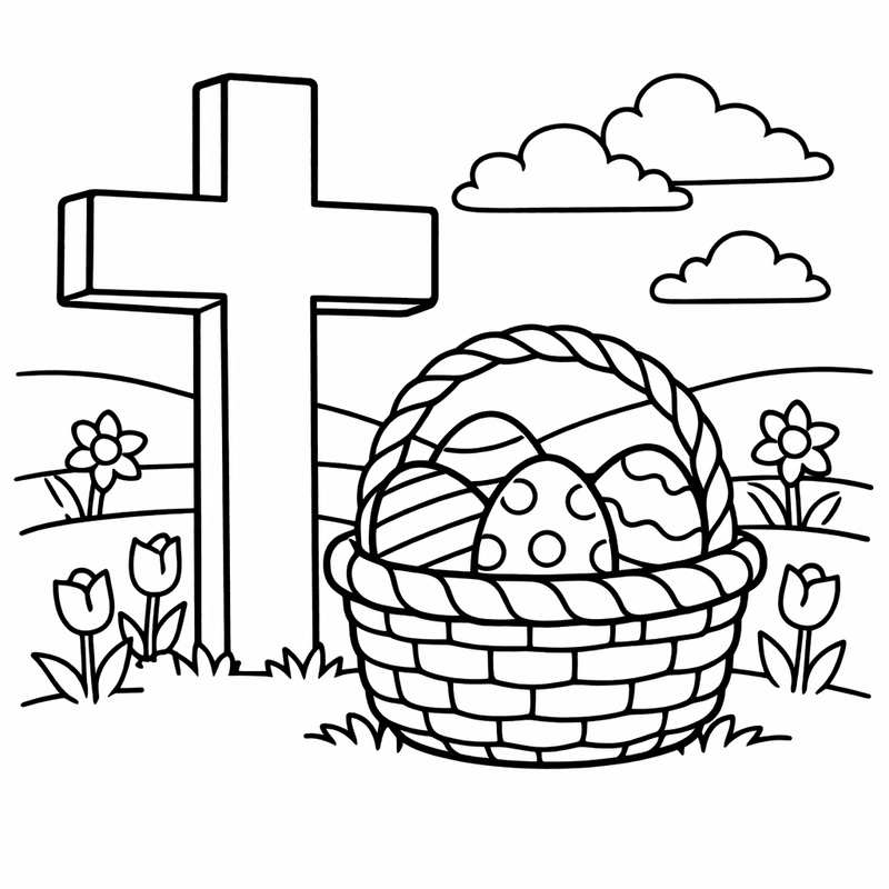 Free printable coloring page: Three Crosses On A Hillside At Sunrise, for ages 3-6