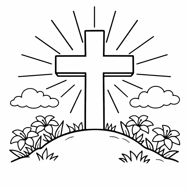 Free printable coloring page: A Cross Surrounded By Spring Flowers And Butterflies, for ages 3-6