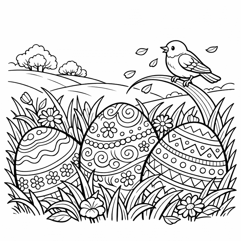 Free printable coloring page: An Egg Decorating Station With Paints And Brushes, for ages 7-12