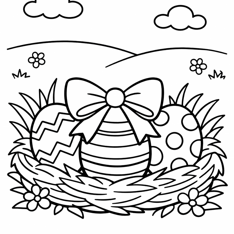 Free printable coloring page: Easter Eggs Hidden In Grass And Flowers, for ages 3-6