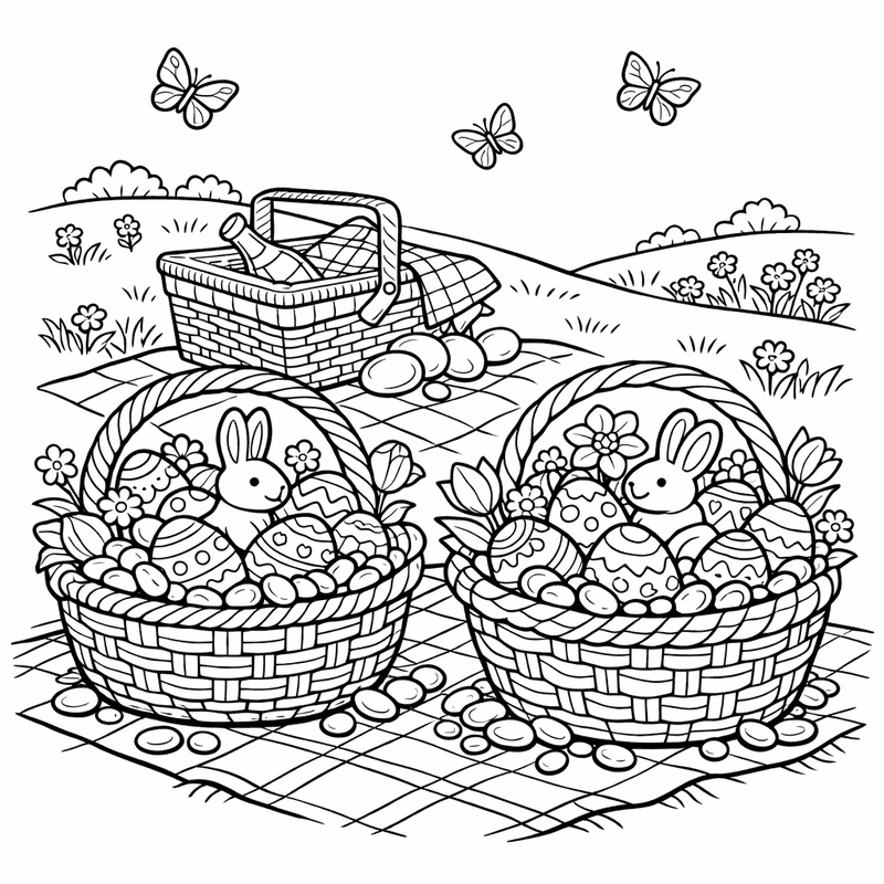 Free printable coloring page: Object Only: Two Or Three Easter Baskets Side…, for ages 7-12