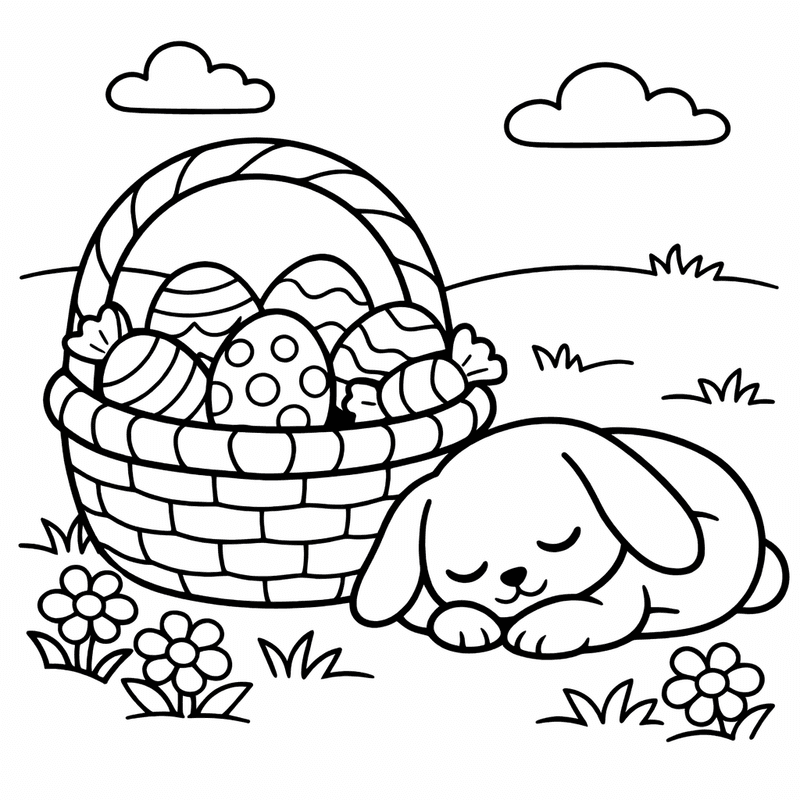 Free printable coloring page: A Woven Easter Basket Overflowing With Colorful Eggs And Candy, for ages 3-6