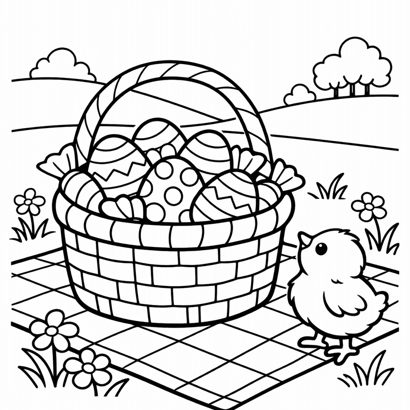 Free printable coloring page: A Child Carrying An Easter Basket Through A Garden, for ages 3-6
