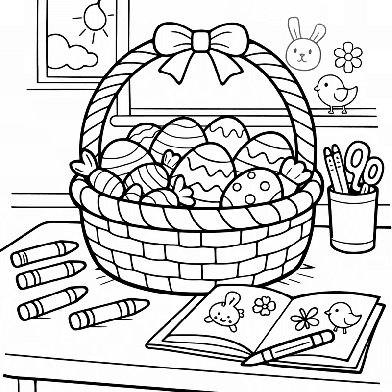 Free printable coloring page: An Easter Basket With A Big Bow On The Handle Sitting On Grass, for ages 3-6