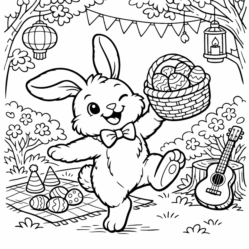 Free printable coloring page: An Easter Bunny Riding In A Carrot-shaped Car, for ages 7-12