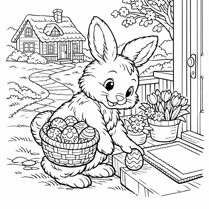 Free printable coloring page: An Easter Bunny Hiding Eggs Behind A Tree…, for ages 7-12