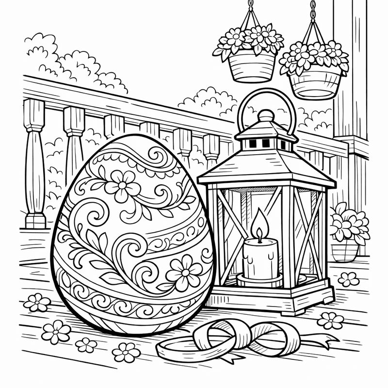 Free printable coloring page: A Giant Easter Egg With Swirl Patterns In A Grassy Field, for ages 7-12