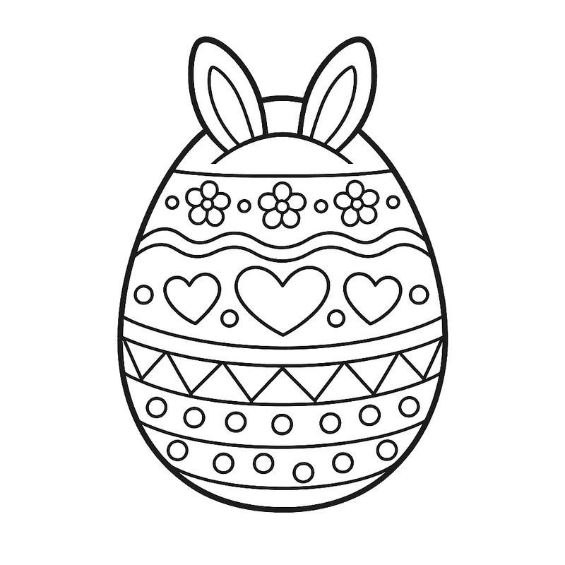 Free printable coloring page: An Easter Egg Hunt Scene With Eggs Hidden Behind Bushes And Flowers, for ages 3-6