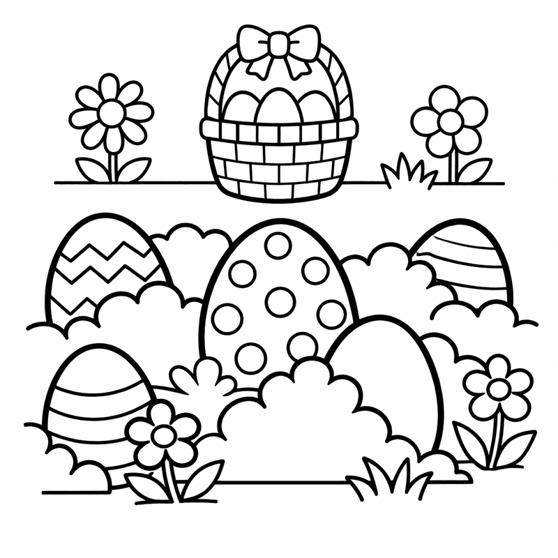 Free printable coloring page: An Easter Egg Balanced On A Nest Of Straw With Flowers Around It, for ages 3-6