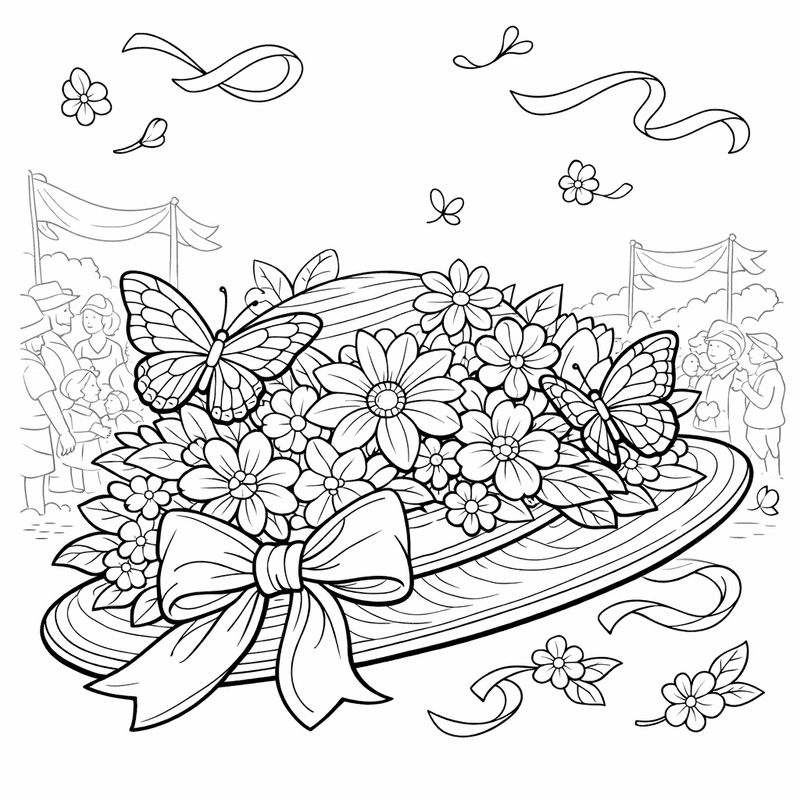 Free printable coloring page: A Child-friendly Easter Hat With Spring Flowers On…, for ages 3-6
