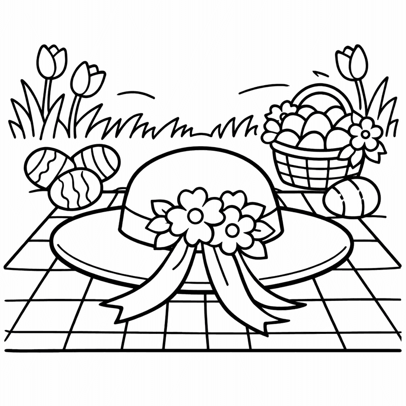 Free printable coloring page: An Easter Parade Hat Covered In Flowers Butterflies…, for ages 3-6