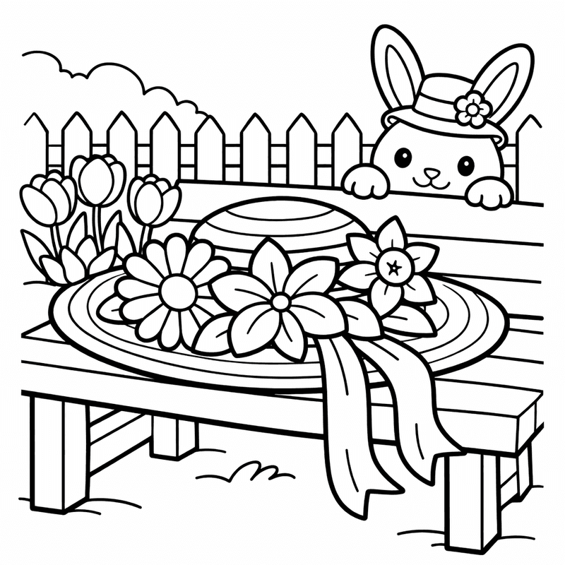 Free printable coloring page: A Rabbit Wearing A Decorated Easter Hat, for ages 7-12