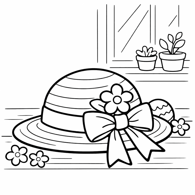 Free printable coloring page: A Child-friendly Easter Hat With Spring Flowers On Top, for ages 3-6