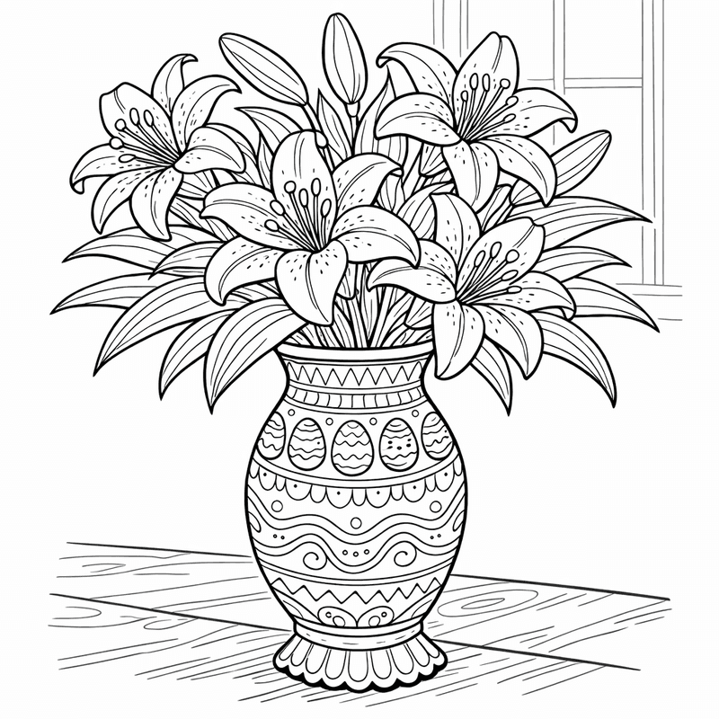 Free printable coloring page: Three Lilies With Morning Dew Drops, for ages 7-12