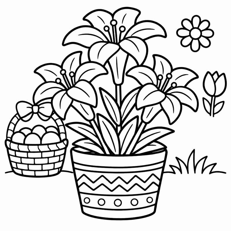 Free printable coloring page: A Bouquet Of Easter Lilies In A Vase, for ages 3-6