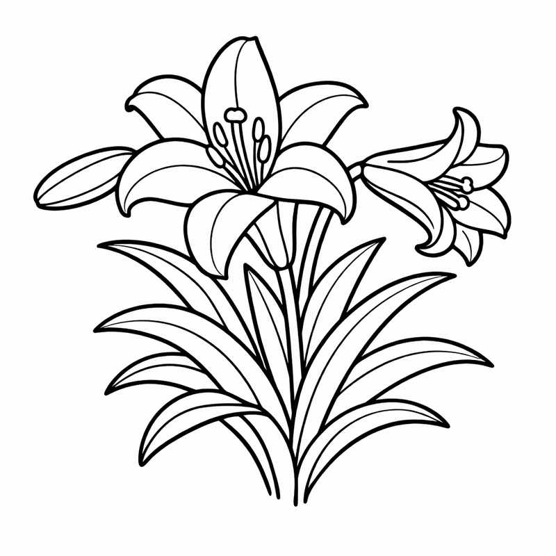 Free printable coloring page: Easter Lilies Growing In A Garden, for ages 3-6