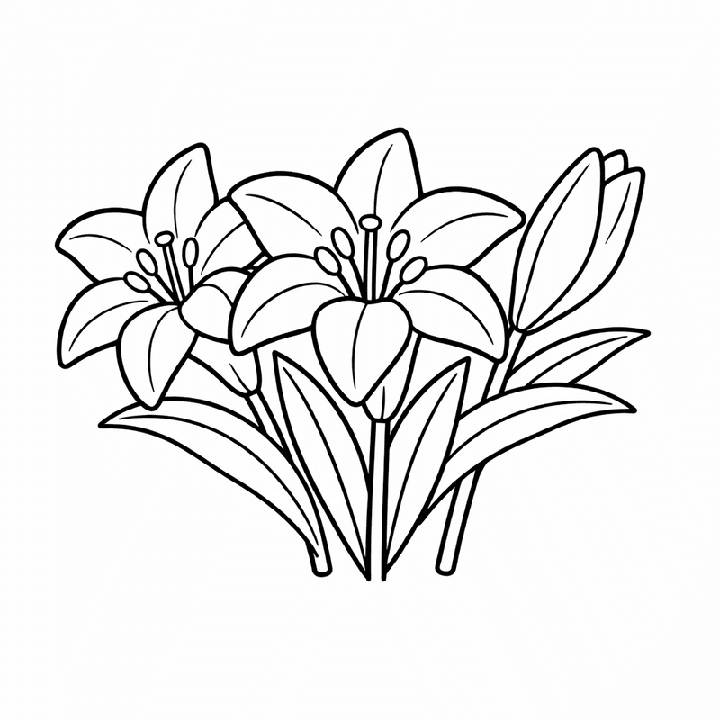 Free printable coloring page: A Single Easter Lily With Detailed Petals And Leaves, for ages 3-6