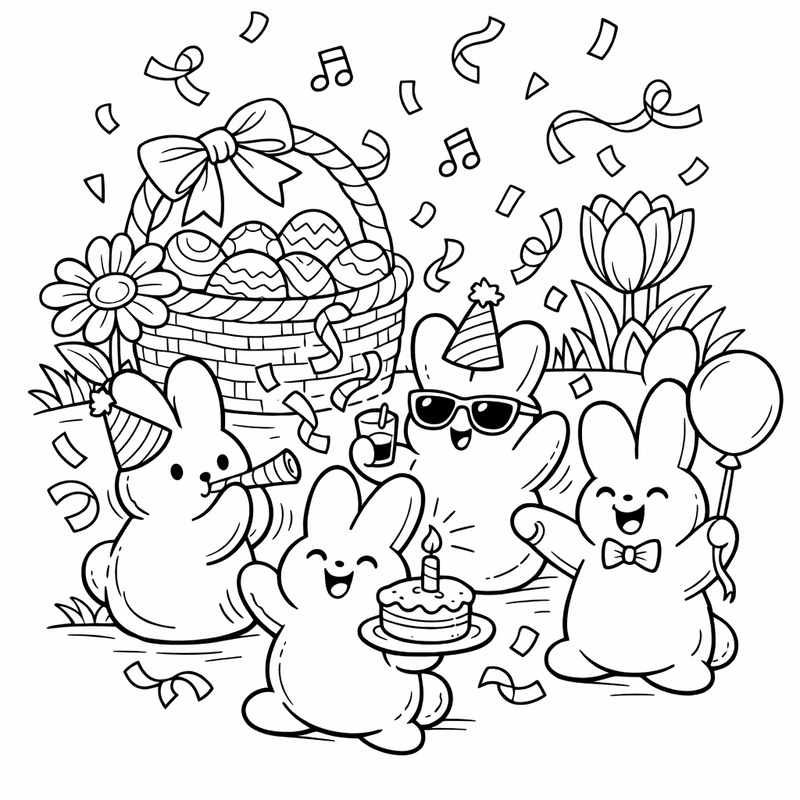Free printable coloring page: Peep Bunnies And Chicks In An Easter Basket, for ages 7-12