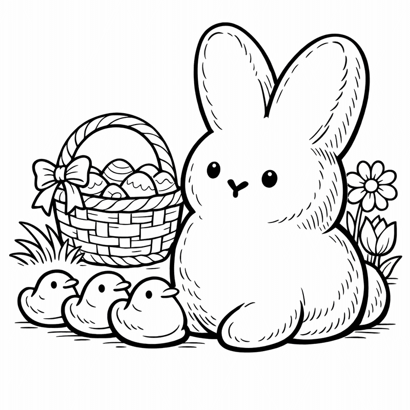 Free printable coloring page: A Row Of Cute Marshmallow Peep Chicks, for ages 7-12