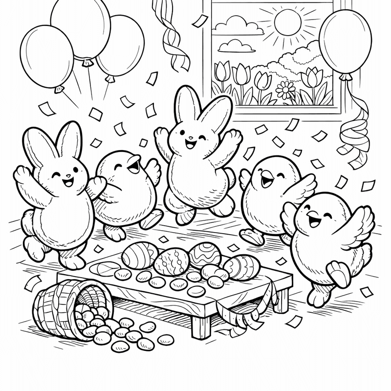 Free printable coloring page: Three Peeps Standing On Green Grass, for ages 7-12