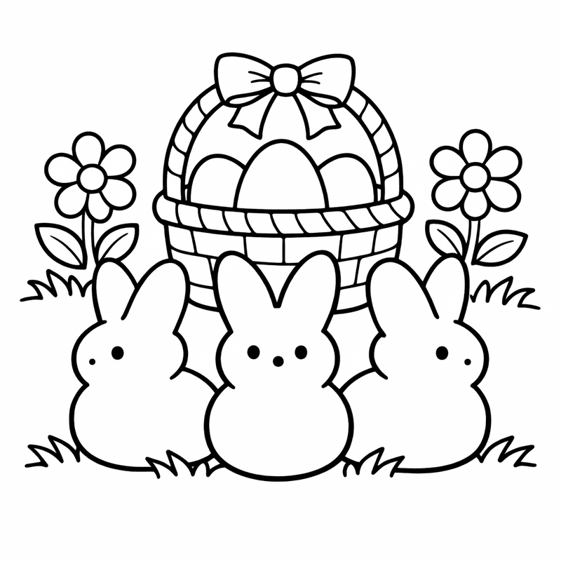 Easter Peeps Coloring Page — Three Peeps Standing On Green Grass
