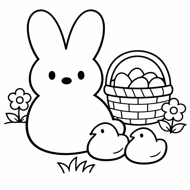 Free printable coloring page: A Giant Peep Bunny Next To Tiny Peep Chicks, for ages 3-6