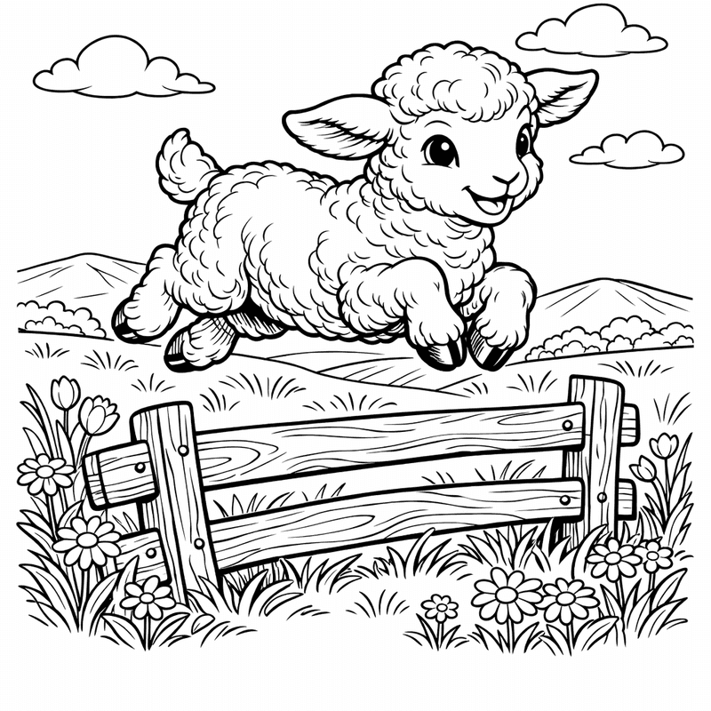 Free printable coloring page: A Playful Lamb Running Through A Field Of…, for ages 7-12