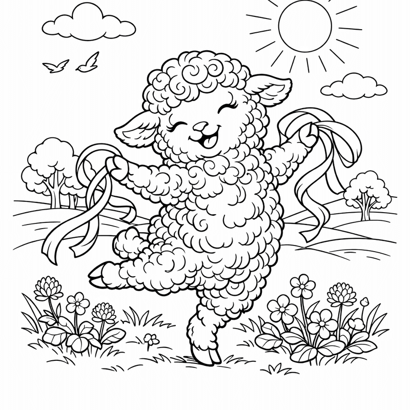 Free printable coloring page: A Fluffy Spring Lamb Standing In A Meadow With Flowers, for ages 7-12