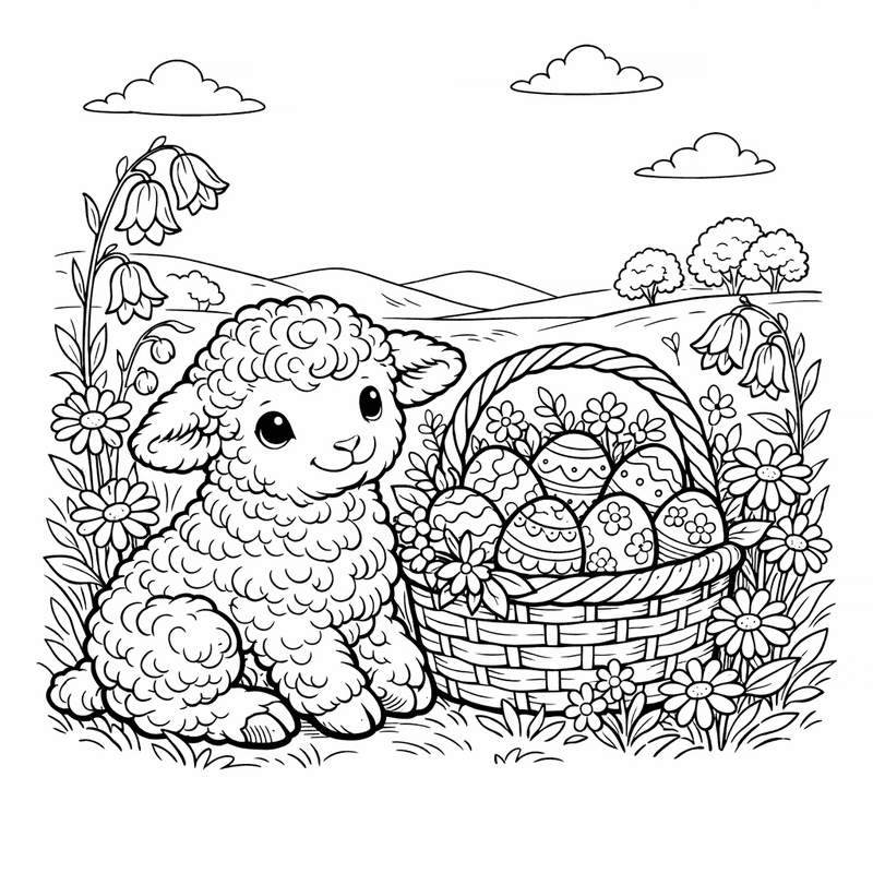 Free printable coloring page: Two Lambs Playing Together In A Sunny Pasture, for ages 7-12