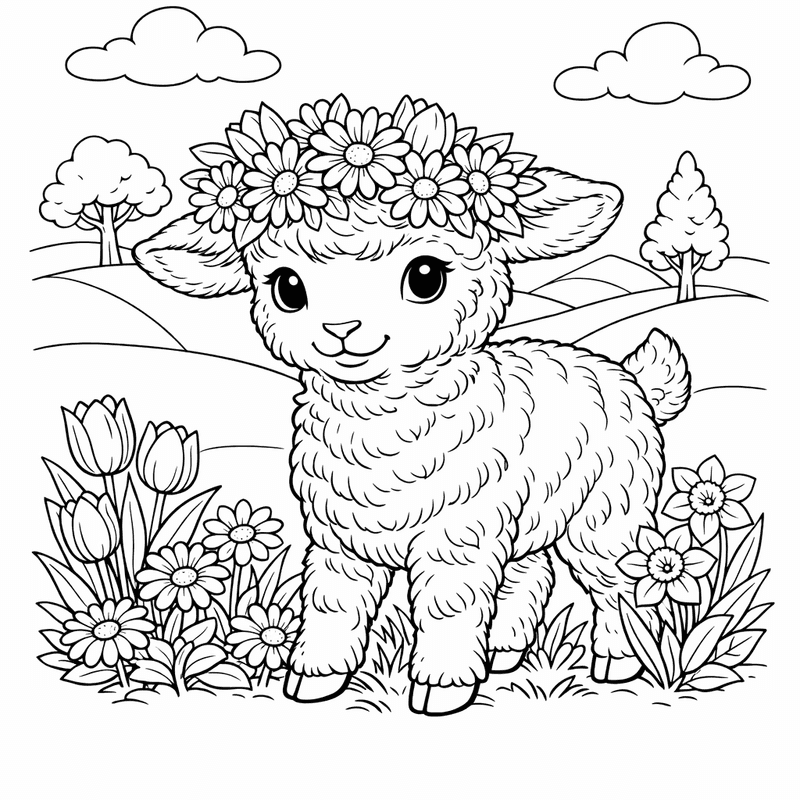 Free printable coloring page: Object Only: A Cute Lamb With Clean Outlines,…, for ages 7-12