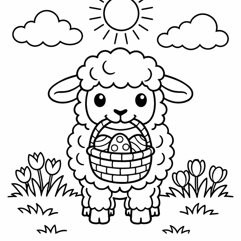 Free printable coloring page: A Lamb Standing Next To An Easter Basket, for ages 3-6