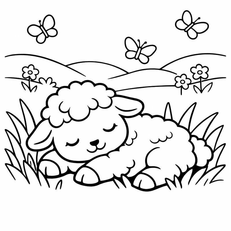 Free printable coloring page: A Mother Sheep And Baby Lamb Nuzzling In…, for ages 3-6