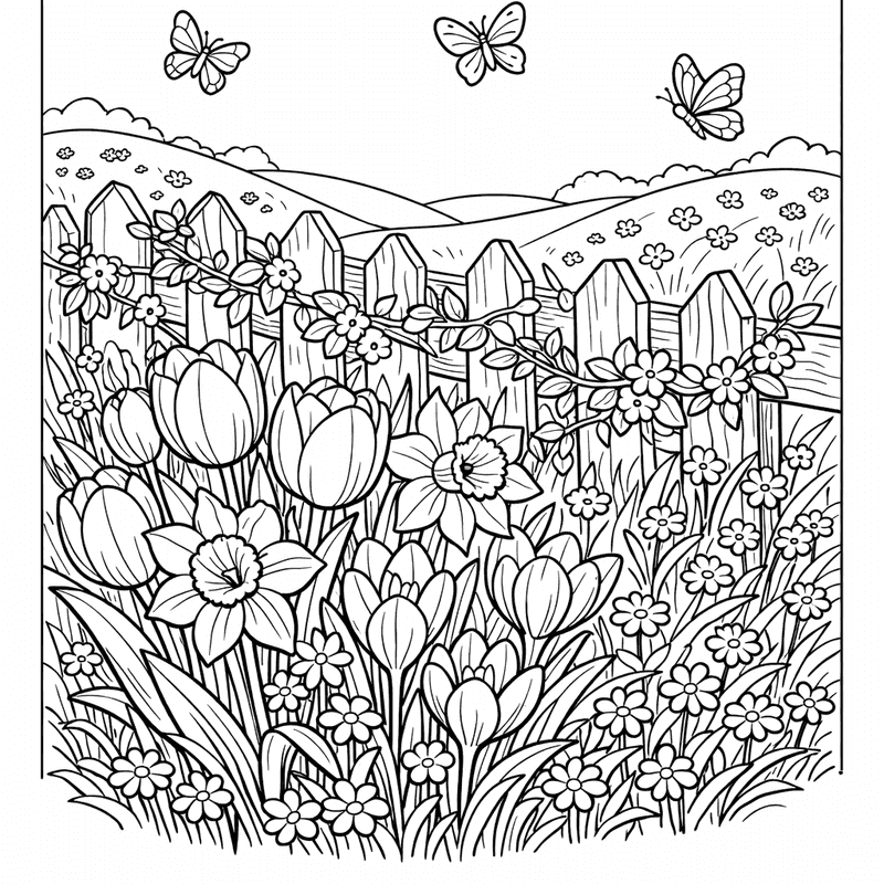 Free printable coloring page: A Garden Full Of Tulips Daffodils And Crocuses, for ages 7-12