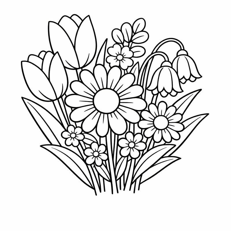 Free printable coloring page: A Flower Pot Overflowing With Spring Blooms, for ages 7-12