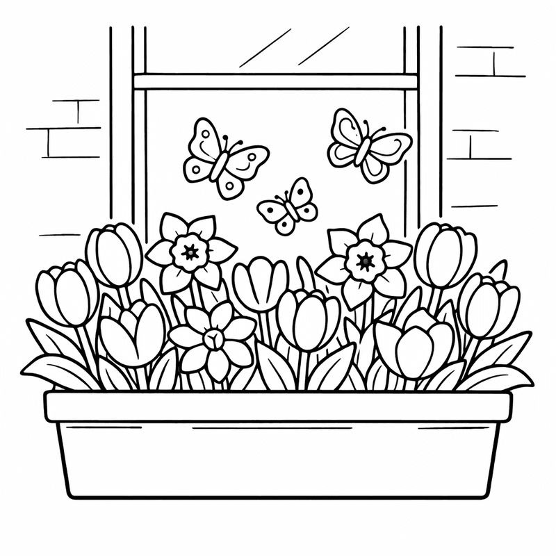 Free printable coloring page: Object Only: A Cute Spring Flowers With Clean…, for ages 3-6