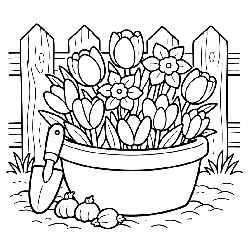 Free printable coloring page: A Garden Full Of Tulips Daffodils And Crocuses, for ages 3-6
