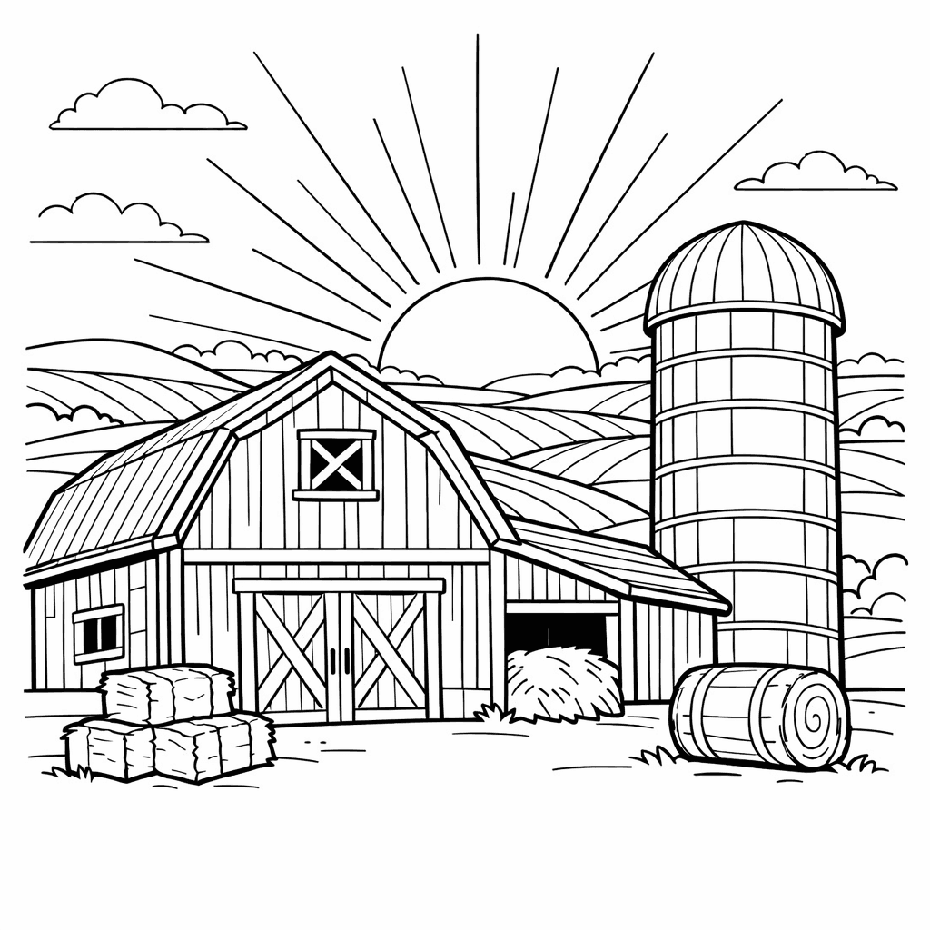 Free printable coloring page: Object Only: A Cute Barn With Clean Outlines,…, for ages 7-12
