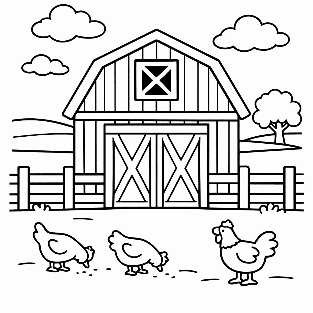 Free printable coloring page: Red Barn, for ages 3-6