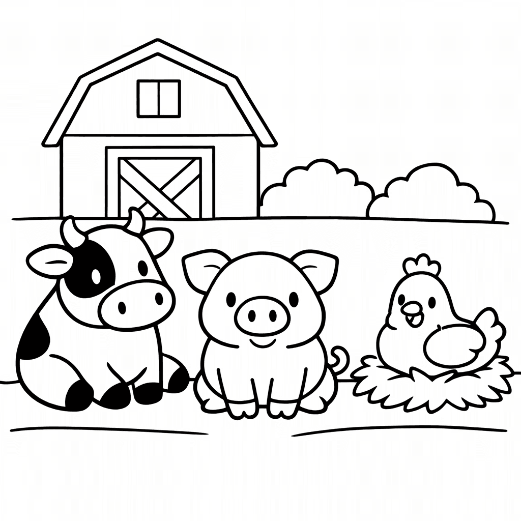 Free printable coloring page: Barn And Animals, for ages 3-6