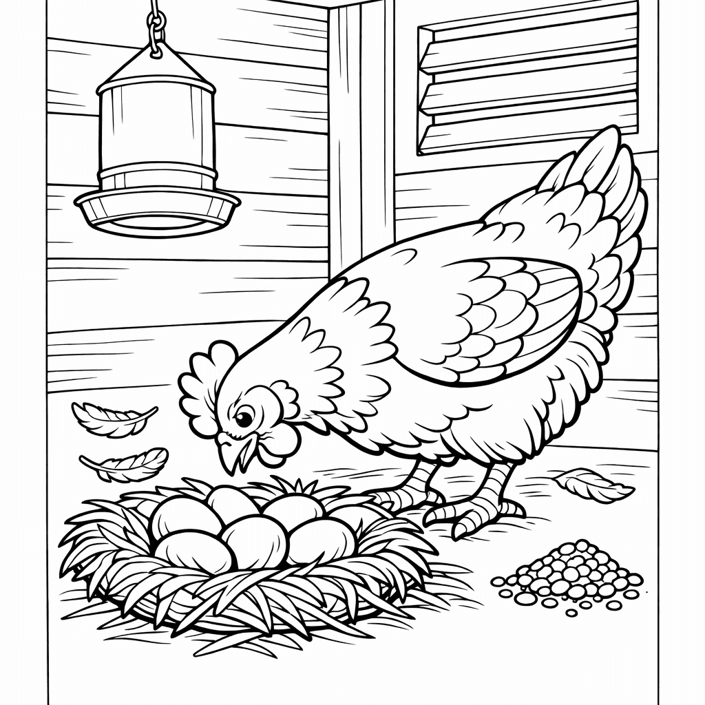 Free printable coloring page: Chicken In Coop, for ages 7-12