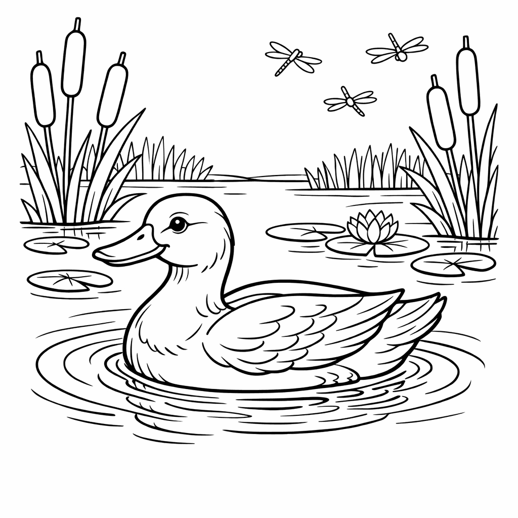 Free printable coloring page: Duck And Ducklings, for ages 7-12