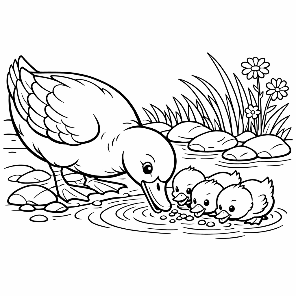 Free printable coloring page: Object Only: A Cute Duck With Clean Outlines,…, for ages 7-12