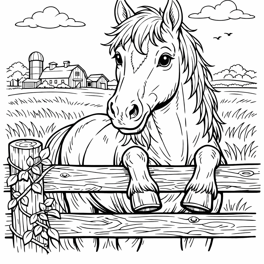 Free printable coloring page: Horse And Barn, for ages 7-12