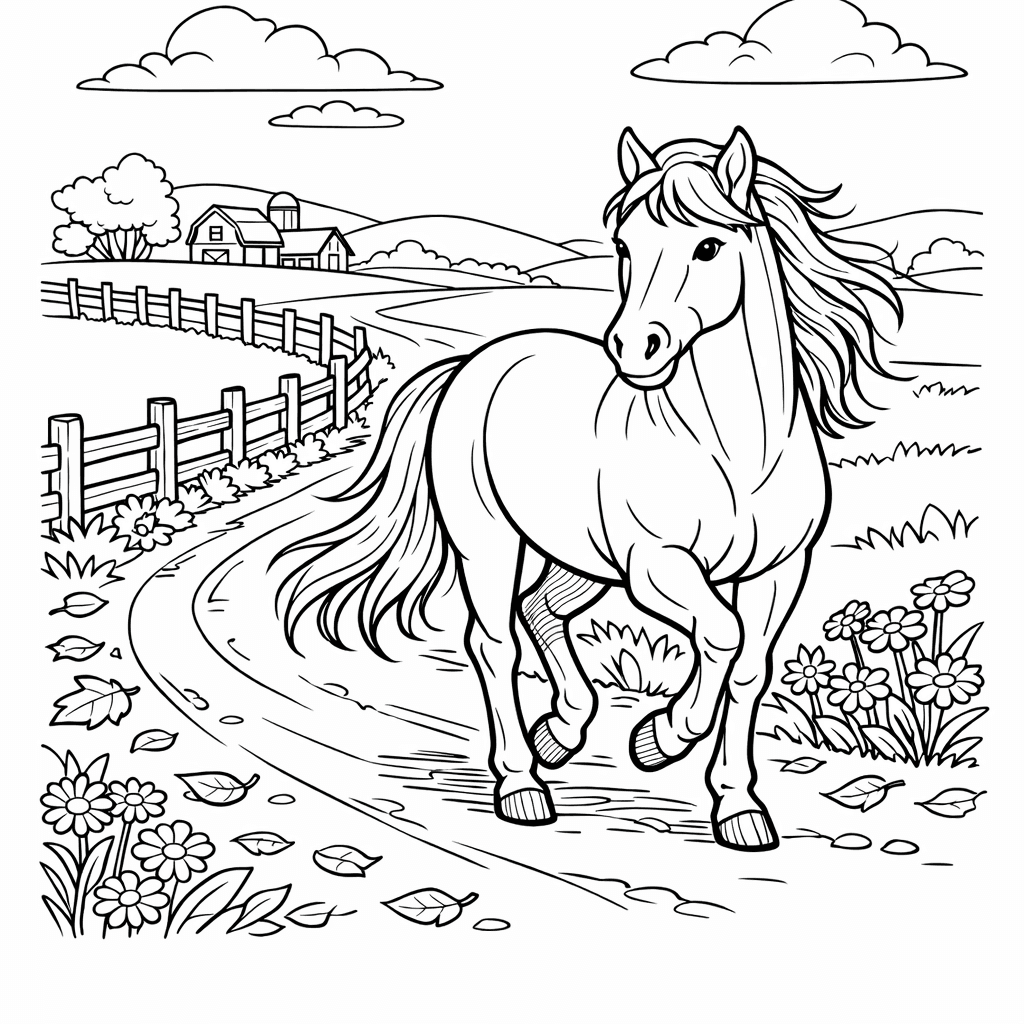 Free printable coloring page: Horse In Pasture, for ages 7-12