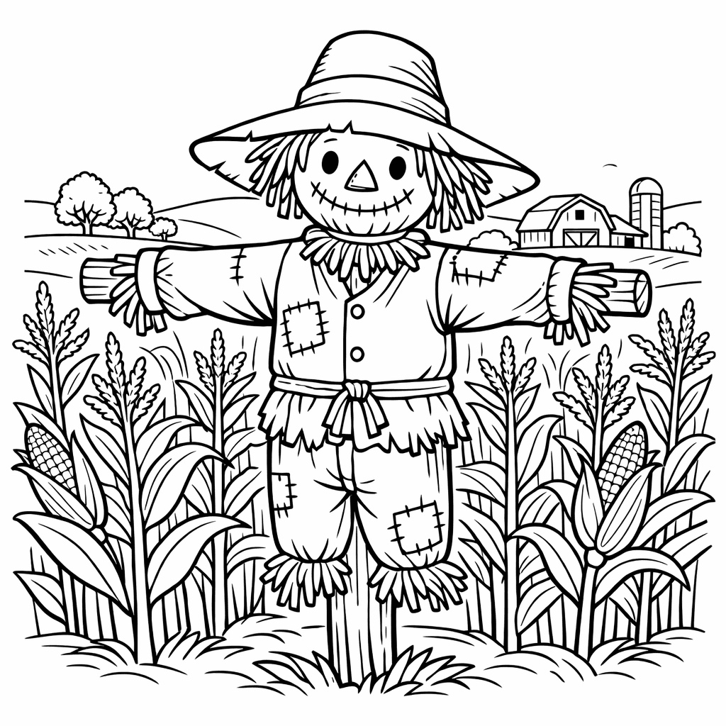 Free printable coloring page: Scarecrow And Crows, for ages 7-12