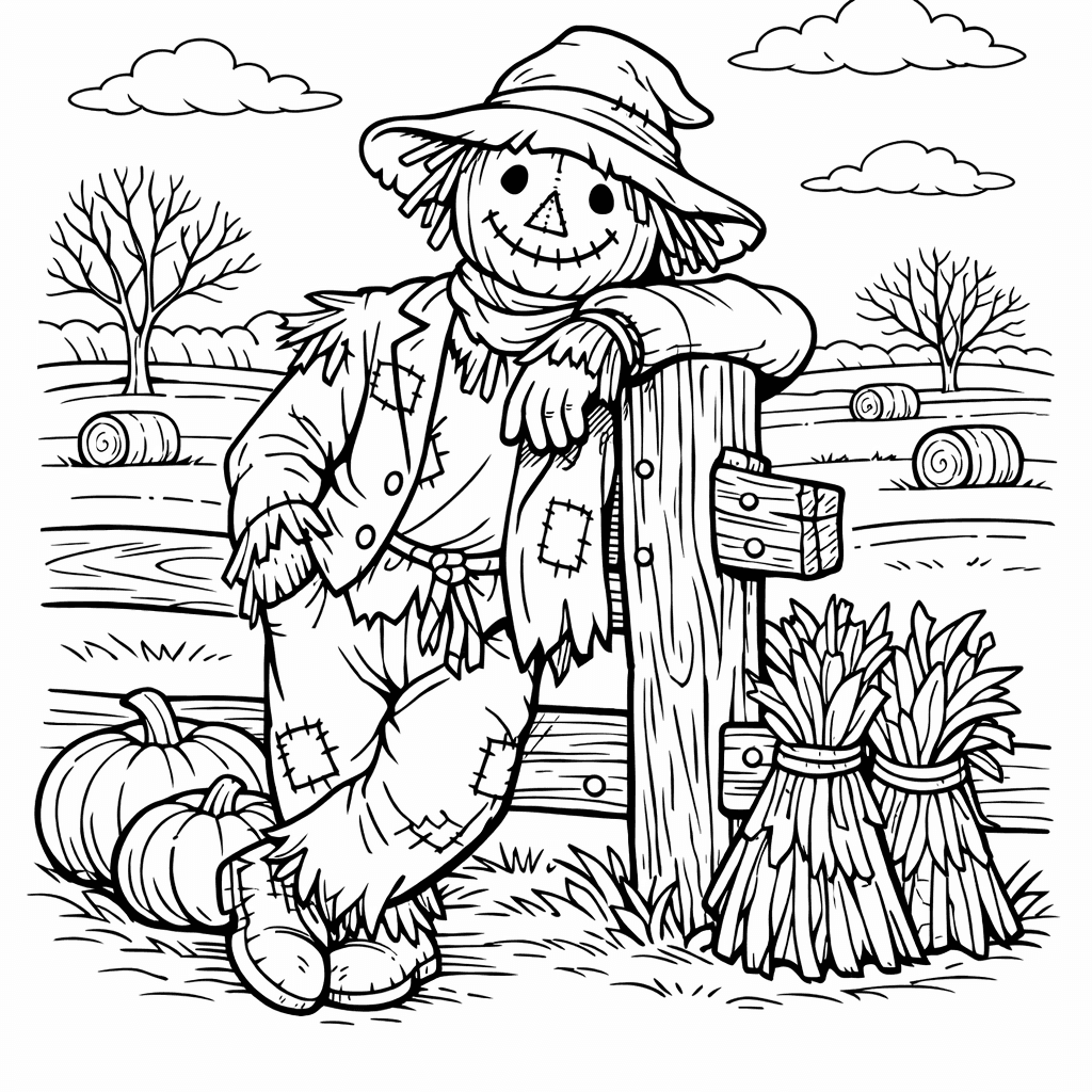 Free printable coloring page: Scarecrow And Corn, for ages 7-12