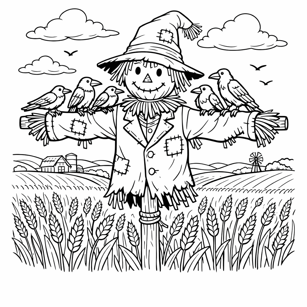 Free printable coloring page: Friendly Scarecrow, for ages 7-12