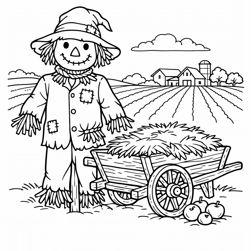 Free printable coloring page: Scarecrow And Corn, for ages 7-12
